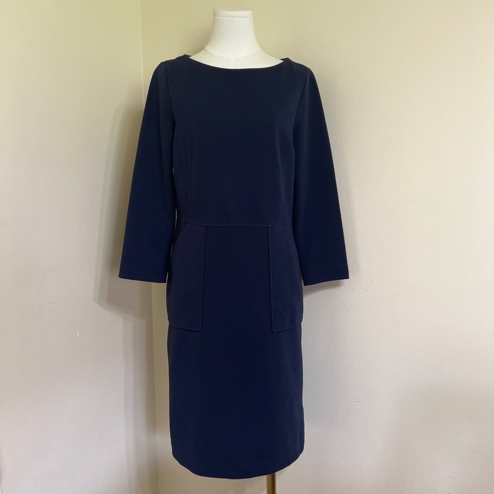 Boden Navy Blue Ottoman Ribbed Sheath Dress 3/4 Sleeve Pockets US 8L J0810